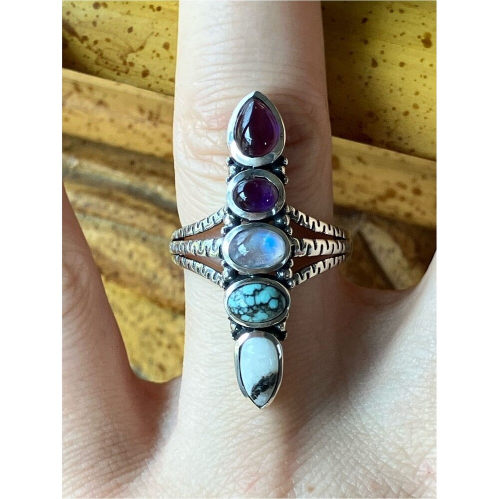 Multi Gemstone Sterling Silver Statement Ring Size 7